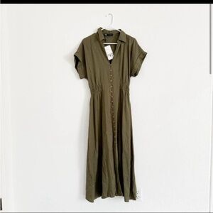 Zara Khaki Button-Front Midi Dress